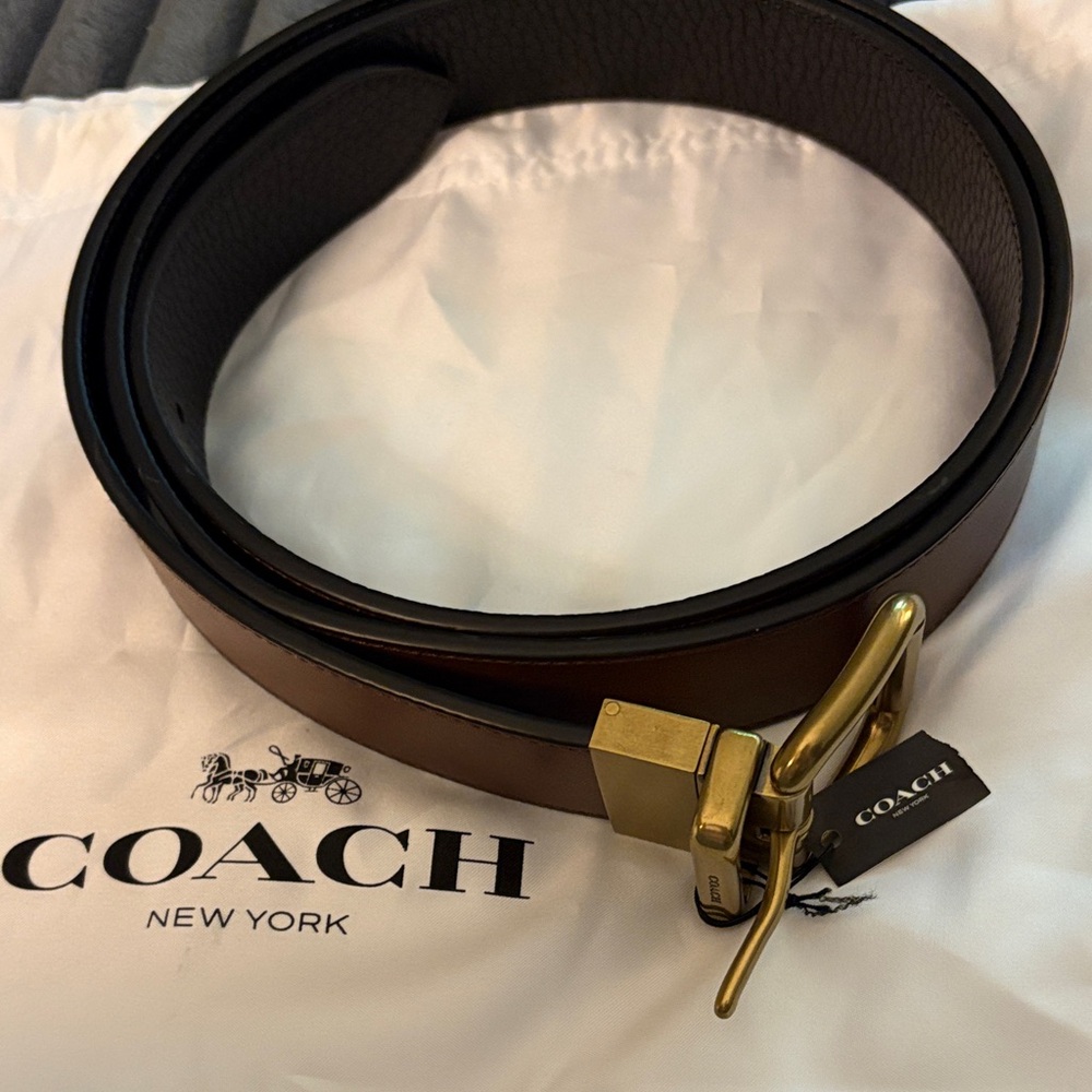 Coach Men's Brown Leather Belt with Gold Buckle